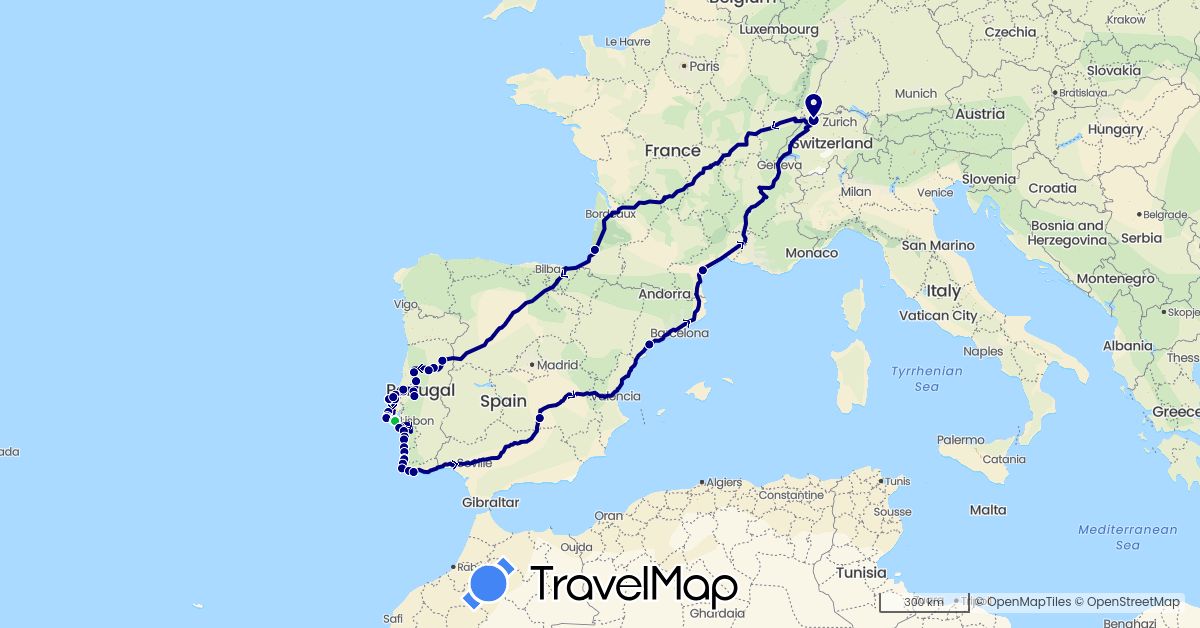TravelMap itinerary: driving, bus, hiking in Switzerland, Spain, France, Portugal (Europe)